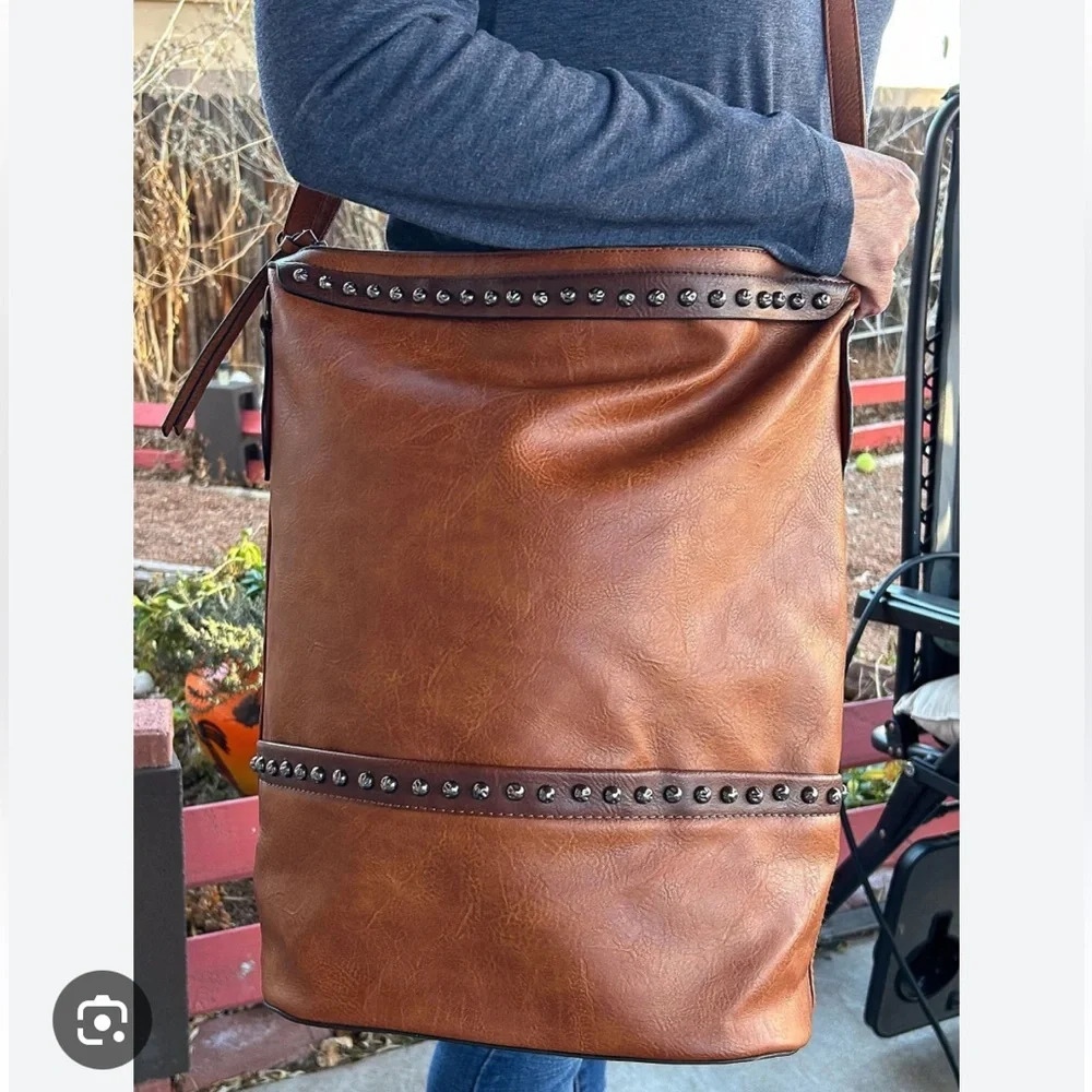 Sam and Hadley Large Faux Leather Barrel Bucket Bag Hobo Boho Rivets